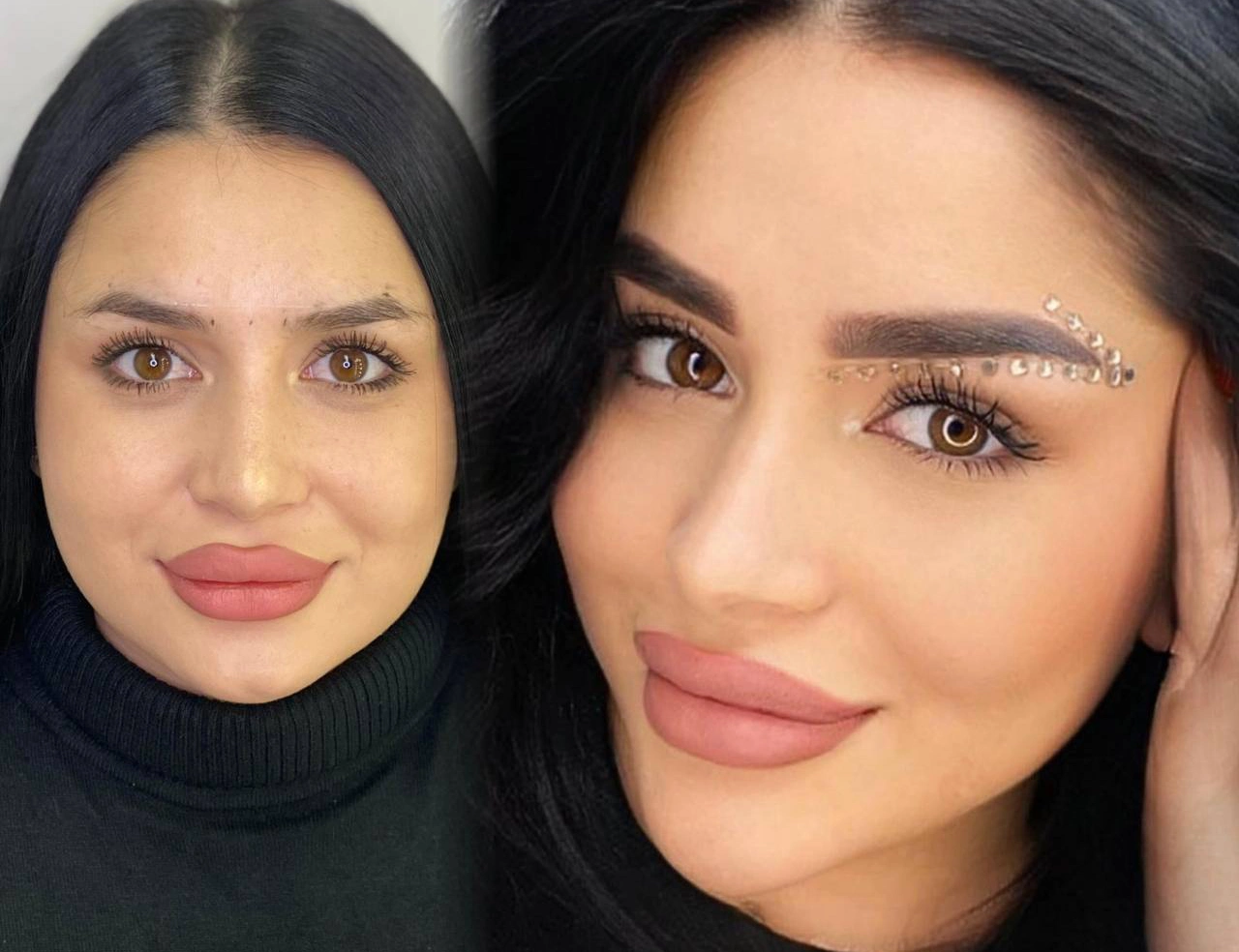 Ein wunderschöner Glow-up dank unserer bewährten Techniken: sanft schattierte Augenbrauen und zartrosa Lippen. Die harmonische Darstellung ihrer Gesichtszüge unterstreicht ihre Weiblichkeit, Ausstrahlung und ihr Selbstbewusstsein.